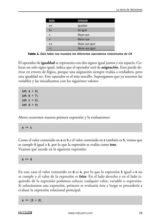 SIGNO OPERADOR
== Igualdad
!= No igual
> Mayor que
< Menor que
>= Mayor que igual
<= Menor que igual
Tabla 1. Esta tabla nos muestra los diferentes operadores relacionales de C#.
El operador de igualdad se representa con dos signos igual juntos y sin espacio. Co-
locar un solo signo igual, indica que el operador será de asignación. Esto puede de-
rivar en errores de lógica, porque una asignación siempre evalúa a verdadero, pero
una igualdad no. Este operador es el más sencillo. Supongamos que ya tenemos las
variables y las inicializamos con los siguientes valores:
int a = 5;
int b = 7;
int c = 5;
int d = 4;
Ahora crearemos nuestra primera expresión y la evaluaremos:
a == c
Como el valor contenido en a es 5 y el valor contenido en c también es 5, vemos que
se cumple 5 igual a 5, por lo que la expresión se evalúa como true.
Veamos qué sucede en la siguiente expresión:
a == d
En este caso el valor contenido en d es 4, por lo que la expresión 5 igual a 4 no
se cumple y el valor de la expresión es false. En el lado derecho y en el lado iz-
quierdo de la expresión podemos colocar cualquier valor, variable o expresión.
Si colocásemos una expresión, primero se evaluaría ésta y luego se procedería a
evaluar la expresión relacional principal.
a == (3 + 2)
La toma de decisiones
73www.redusers.com
03_C#2010_AJUSTADO.qxd 8/6/10 8:31 PM Page 73
 