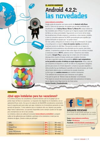 5263
¡háganse escuchar!
No se olviden de que pueden participar en nuestra
comunidad a través de cualquiera de estos medios:
Foros: www.redusers.com/foros
Twitter: @redusers
Facebook: www.facebook.com/redusers
EnCuEsta
¿Qué apps instalarías para tus vacaciones?
En la última encuesta, les consultamos a nuestros lectores cuál era el gadget que no
podían dejar de llevar en vacaciones. La respuesta más elegida fue el smartphone, con un
aplastante 63 por ciento. Así que en la redacción de RedUSERS consideramos conveniente
hacer la segunda parte para saber qué apps instalarían en el smartphone pensando en este
período de descanso. Y como sabemos que no instalarán sólo una, dejamos que puedan
elegir hasta 3 aplicaciones. Las opciones disponibles (como siempre sucede con las apps
para smartphones) son de lo más variadas.
Los invitamos a darse una vuelta por la encuesta (www.redusers.com/u/2wr) y compartir
cuáles son las aplicaciones que instalarían y participar en los comentarios si creen que nos
olvidamos de alguna. ¡Gracias a todos por participar!
GPS 42% 353 votos
Juegos 32% 264 votos
Fotográficas 28% 235 votos
Climas 26% 219 votos
Lector PDF/ebooks 16% 133 votos
Traductor/Conversor de monedas 12% 98 votos
El nuEvo androidE
Android 4.2.2:
las novedades
www.redusers.com/u/2ws
Google acaba de presentar una nueva versión de Android Jelly Bean:
la 4.2.2. Como era de esperarse, los equipos que ya están recibiendo esta
actualización son el Galaxy Nexus, Nexus 7 y Nexus 10, aunque todavía no
hay novedades para el Nexus 4 (a pesar que en algunos equipos recién salidos
de fábrica se incluye preinstalado). Seguramente con el correr de los meses
las actualizaciones oficiales empiecen a extenderse a otras marcas y modelos,
y como es costumbre aparezcan los MODs personalizados para aquellos que
quieran disfrutarlo en equipos que “se quedan afuera”.
Sin más vueltas, enfoquemos la mirada en el eje de la información. En cuanto
a la configuración se mejoró la barra de ajustes rápidos presentada en
la primera versión de Jelly Bean. Ésta permite acceder con un toque a la
modificación de los parámetros más solicitados por los usuarios, pero ahora
además, si mantenemos pulsado el dedo sobre alguno de los botones vinculado
a conexiones (como el Wi-Fi), podemos activar o desactivar este módulo.
En cuanto a Google Play se agregó algo tan simple como útil: la barra de
descarga ahora muestra el tiempo restante para completar el proceso.
En lo que a seguridad respecta ahora podemos definir a qué computadoras
se les permitirá acceder al teléfono en modo depuración. Ahora, cada vez
que conectemos el dispositivo a una PC vía USB se nos preguntará si otorgamos
permiso para acceso en el modo depuración. Lo bueno es que para responder a
dicha consulta hay que desbloquear la pantalla con la clave de acceso, por lo que
sólo el dueño debería estar en condiciones de conceder el permiso.
La lista sigue con cambios menores pero también interesantes:
* Se cambiaron las animaciones para interactuar con la galería.
* Se quitó la opción de “Mostrar todas las llamadas” en el historial.
* Se mejoró el consumo de recursos para darle más autonomía en la batería,
que en algunos casos llega hasta las dos horas extras.
Andrés Fiorotto | @andresfiorotto
 
