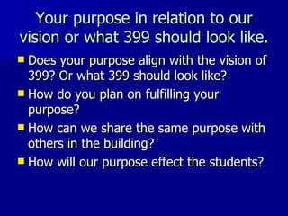 Your purpose in relation to our vision or what 399 should look like. Does your purpose align with the vision of 399? Or what 399 should look like? How do you plan on fulfilling your purpose? How can we share the same purpose with others in the building? How will our purpose effect the students? 