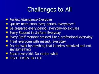 Challenges to All Perfect Attendance-Everyone Quality Instruction every period, everyday!!!! Be prepared every period, everyday-no excuses Every Student in Uniform Everyday Every Staff member dressed like a professional everyday Treat everyone with respect, everyday Do not walk by anything that is below standard and not say something Reach every kid. No matter what FIGHT EVERY BATTLE 