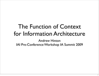 The Function of Context
for Information Architecture
               Andrew Hinton
IAI Pre-Conference Workshop IA Summit 2009




                                             1
 