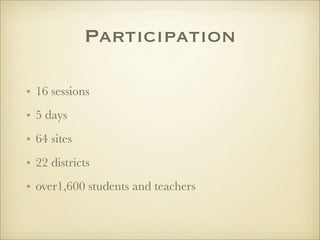 Participation

• 16 sessions
• 5 days
• 64 sites
• 22 districts
• over1,600 students and teachers
 