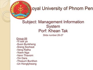 Royal University of Phnom Pen

    Subject: Management Information
                 System
             Porf: Khean Tak
                   Slide number:26-27
Group:06
-Yi sok ya
-Suon Bunkheng
-Sreng Socheat
-Veng Ratha
-Yoem Nga
-Vann Thavorn
-Yin Dara
-Thoeurn Bunthon
-Un Honglyheang
 