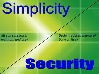 All can construct, maintain and use> Design reduces chance of  burn or fire> Security Simplicity 