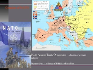 Creation of NATO N orth  A tlantic  T reaty  O rganization  – alliance of western nations Warsaw Pact – alliance of USSR and its allies 