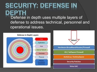Defense in depth uses multiple layers of
defense to address technical, personnel and
operational issues.
 