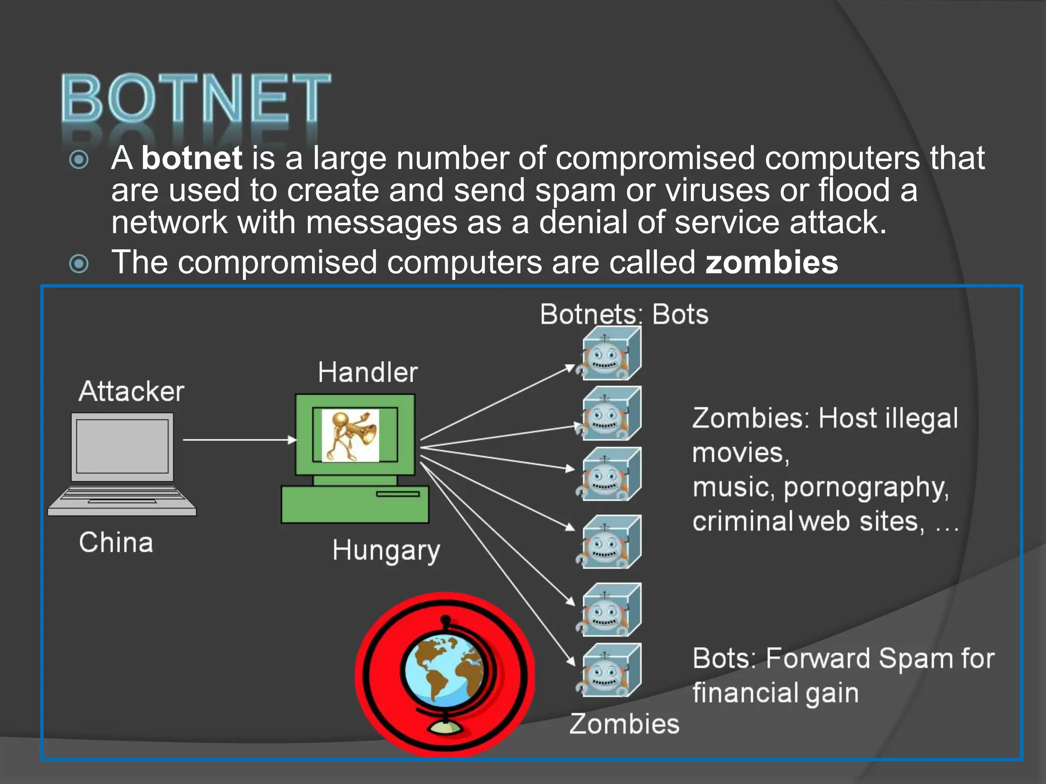  A botnet is a large number of compromised computers that
are used to create and send spam or viruses or flood a
network with messages as a denial of service attack.
 The compromised computers are called zombies
 