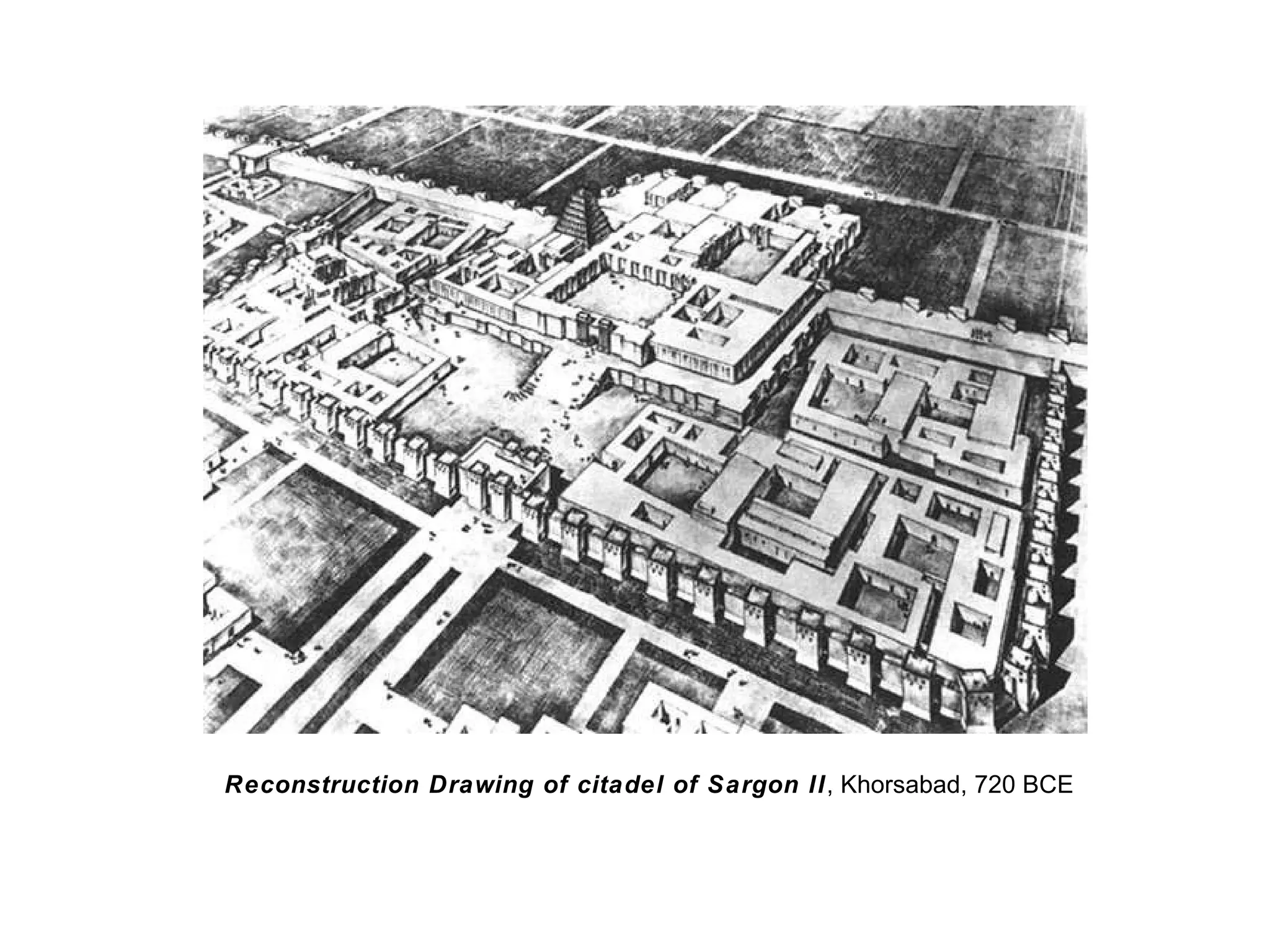 Reconstruction Drawing of citadel of Sargon II , Khorsabad, 720 BCE 