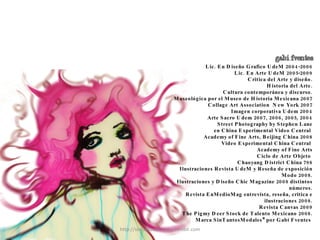 Lic. En Diseño Grafico UdeM 2004-2006 Lic. En Arte UdeM 2005-2009 Critica del Arte y diseño. Historia del Arte. Cultura contemporánea y discurso. Museológica por el Museo de Historia Mexicana 2007 Collage Art Association  New York 2007 Imagen corporativa Udem 2004 Arte Sacro Udem 2007, 2006, 2005, 2004 Street Photography by Stephen Lane en China Experimental Video Central  Academy of Fine Arts, Beijing China 2008 Video Experimental China Central  Academy of Fine Arts Ciclo de Arte Objeto  Chaoyang District China 798 Ilustraciones Revista UdeM y Reseña de exposición Modo 2008. Ilustraciones y Diseño Chic Magazine 2008 distintos números. Revista EnMedioMag entrevista, reseña, critica e ilustraciones 2008. Revista Canvas 2009 The Pigmy Deer Stock de Talento Mexicano 2008.   Marca SinTantosModales* por Gabi Fventes  http://sintantosmodales.tumblr.com 