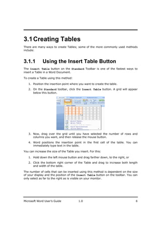 ________________________
3.1 Creating Tables
There are many ways to create Tables; some of the more commonly used methods
include:



3.1.1         Using the Insert Table Button
The Insert Table button on the Standard Toolbar is one of the fastest ways to
insert a Table in a Word Document.

To create a Table using this method:

   1. Position the insertion point where you want to create the table.
   2. On the Standard toolbar, click the Insert Table button. A grid will appear
      below this button.




   3. Now, drag over the grid until you have selected the number of rows and
      columns you want, and then release the mouse button.

   4. Word positions the insertion point in the first cell of the table. You can
      immediately type text in the table.

You can increase the size of the Table you insert. For this:

   1. Hold down the left mouse button and drag farther down, to the right, or
   2. Click the bottom right corner of the Table and drag to increase both length
      and width of the table.

The number of cells that can be inserted using this method is dependent on the size
of your display and the position of the Insert Table button on the toolbar. You can
only select as far to the right as is visible on your monitor.




Microsoft Word User’s Guide               1.0                                    6
 
