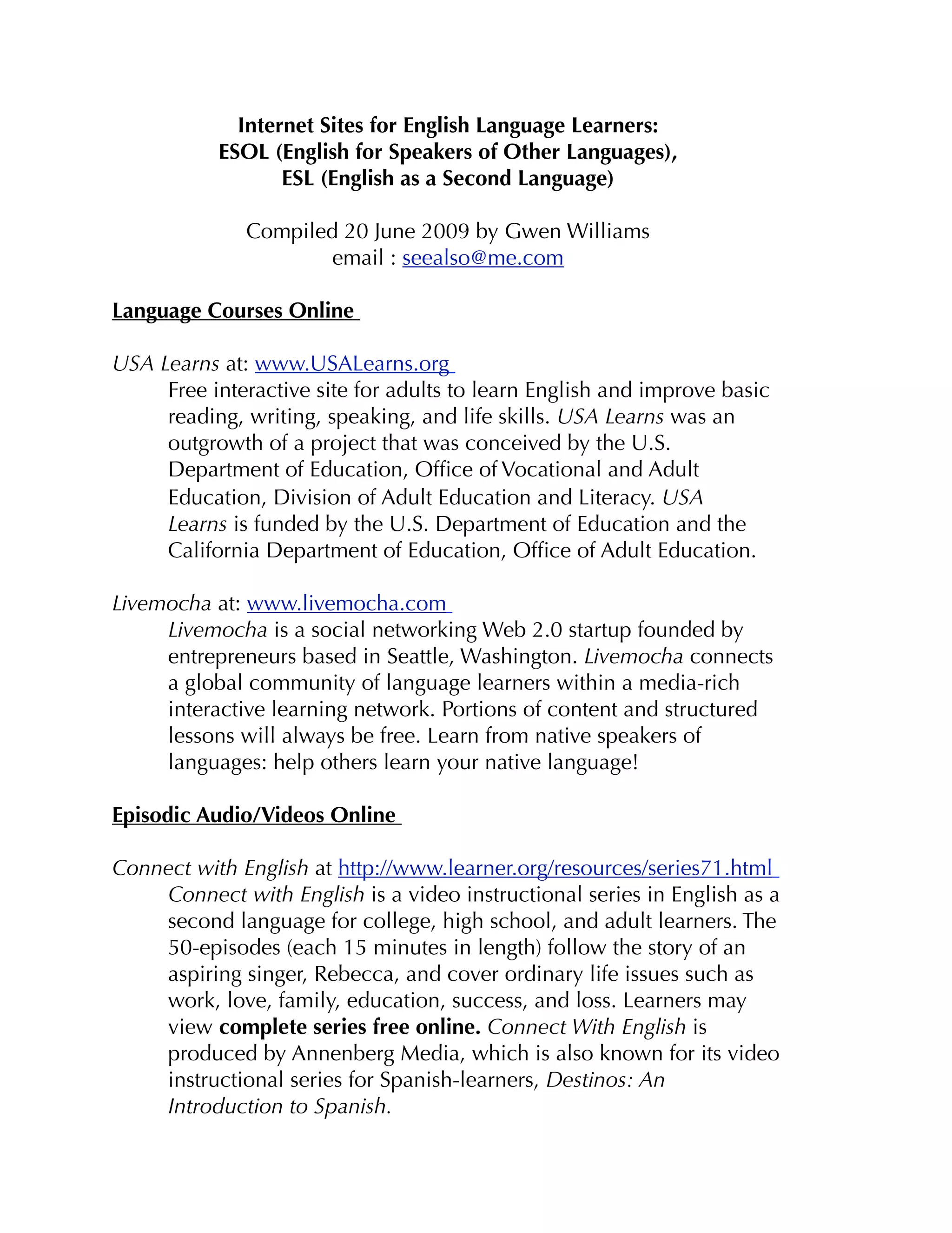 Sites for English Language Learners ESOL, ESL Online PDF
