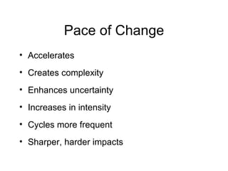 Pace of Change Accelerates Creates complexity Enhances uncertainty Increases in intensity Cycles more frequent Sharper, harder impacts 