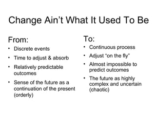 Change Ain’t What It Used To Be From: Discrete events Time to adjust & absorb Relatively predictable outcomes Sense of the future as a continuation of the present (orderly) To: Continuous process Adjust “on the fly” Almost impossible to predict outcomes The future as highly complex and uncertain (chaotic) 