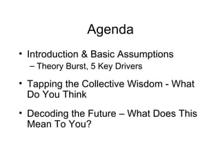 Agenda Introduction & Basic Assumptions Theory Burst, 5 Key Drivers Tapping the Collective Wisdom - What Do You Think  Decoding the Future – What Does This Mean To You? 
