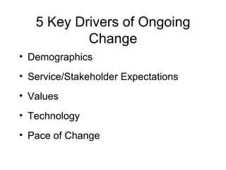 5 Key Drivers of Ongoing Change Demographics Service/Stakeholder Expectations Values Technology Pace of Change 