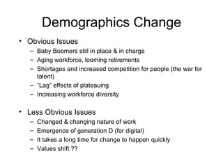 Demographics Change Obvious Issues Baby Boomers still in place & in charge Aging workforce, looming retirements Shortages and increased competition for people (the war for talent) “ Lag” effects of plateauing Increasing workforce diversity Less Obvious Issues Changed & changing nature of work Emergence of generation D (for digital) It takes a long time for change to happen quickly Values shift ?? 