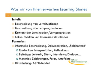 Was wir von Ihnen erwarten: Learning Stories
11

     Inhalt:
       Beschreibung von Lernsituationen

       Beschreibung von Lernprogressionen

       Kontext der Lernsituation/Lernprogression

       Fokus: Stärken und Interessen des Kindes

     Formales:
       informelle Beschreibung, Dokumentation, „Feldnotizen“

           Gedanken, Interpretation, Reflexion…
           Beiträge: LehrerIn, Eltern, Interviews/Dialoge…
           Material: Zeichnungen, Fotos, Artefakte…
       Hilfestellung: AKPK-Modell
 