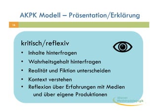 AKPK Modell – Präsentation/Erklärung
16




     kritisch/reflexiv
     •    Inhalte hinterfragen
     •    Wahrheitsgehalt hinterfragen
     •    Realität und Fiktion unterscheiden
     •    Kontext verstehen
     •    Reflexion über Erfahrungen mit Medien
            und über eigene Produktionen
 