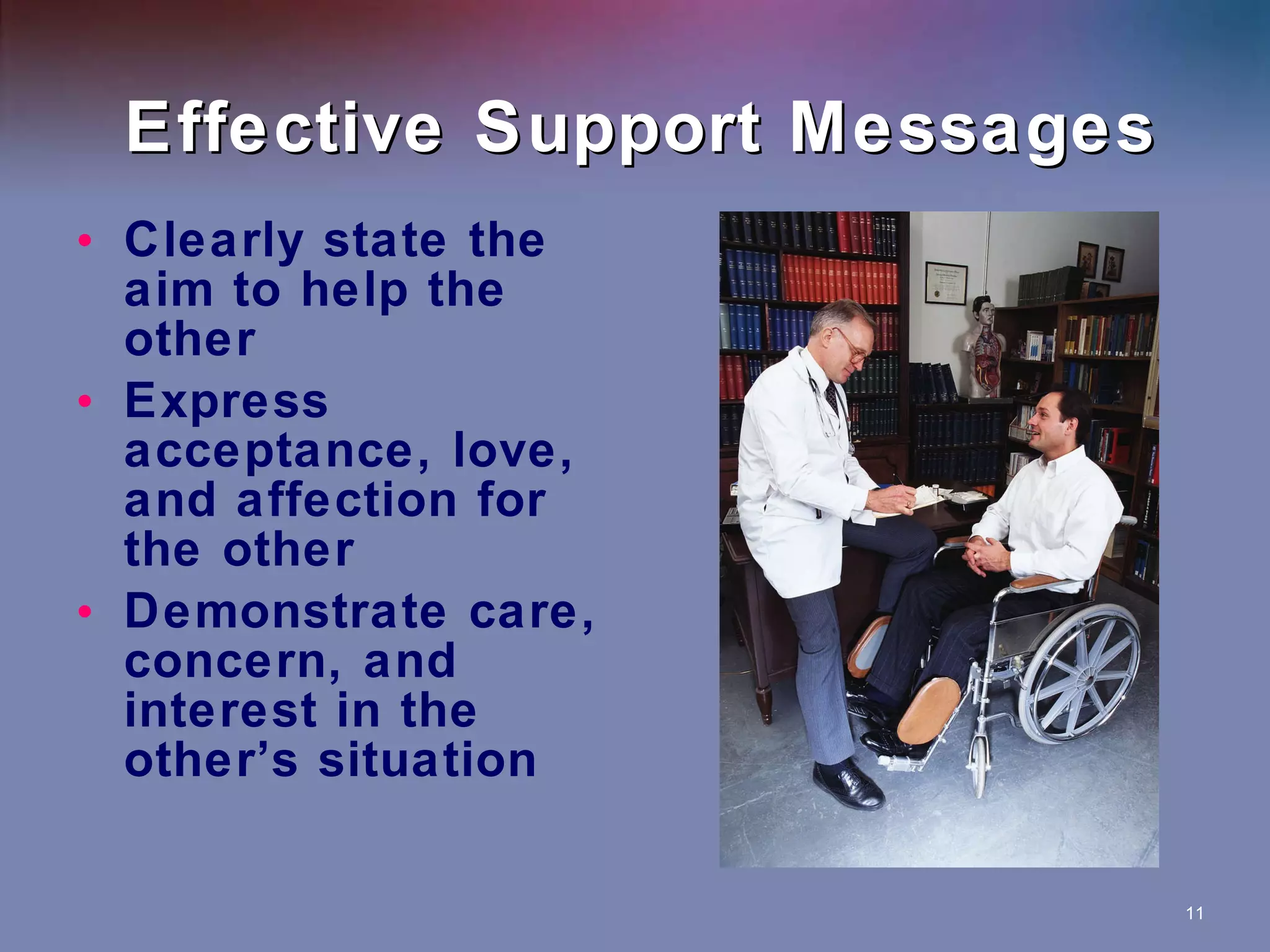 Effective Support Messages Clearly state the aim to help the other Express acceptance, love, and affection for the other Demonstrate care, concern, and interest in the other’s situation 