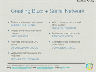 Social Media Workshop




    Creating Buzz + Social Network
    Trailers and promotional teasers                   Which ...