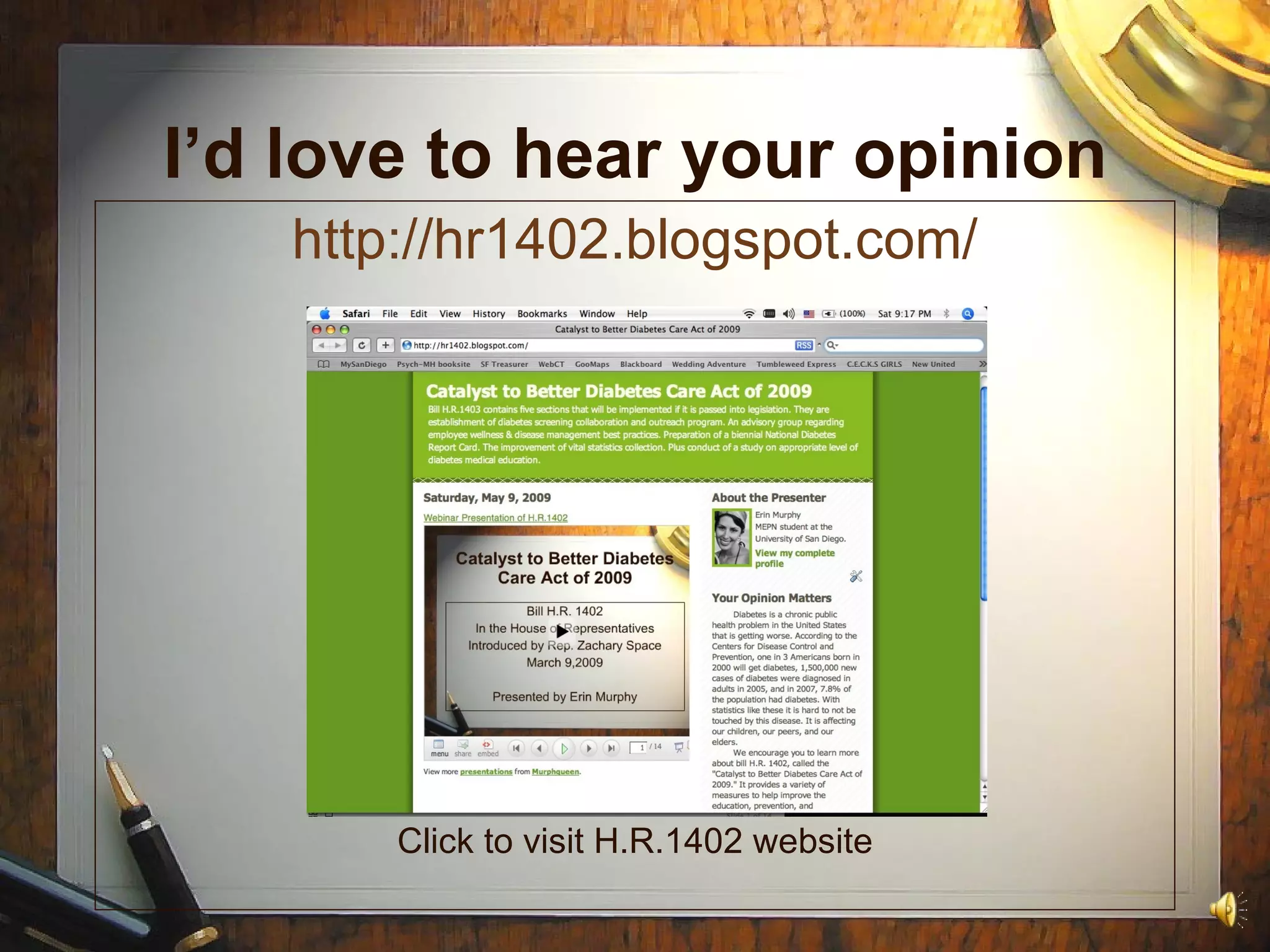 I’d love to hear your opinion http://hr1402.blogspot.com/ Click to visit H.R.1402 website 