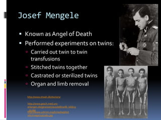 Camp DoctorsNazi doctors tortured men, women, and children at death campsPerformed experiments on victimsVictims were:put into pressure chambers tested with drugscastrated,frozen to deathhttp://www.shoah.dk/doctors/