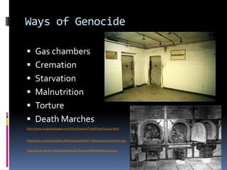 Camp Doctors (continued)…Children were exposed to :Experimental surgeries without anesthesiaBlood transfusions from one to anotherIsolation enduranceInjections of lethal germsSex change operationsRemoval of organs and limbshttp://www.shoah.dk/doctors/