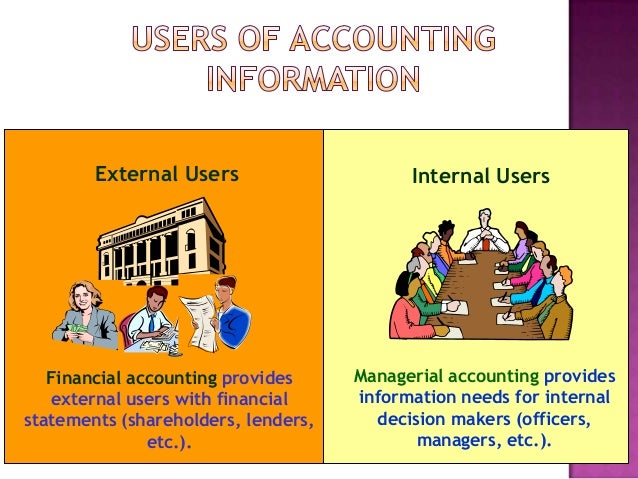 users of accounting information Financial accounting, or financial reporting, is the process of producing information for external use usually in the form of financial statementsfinancial statements reflect an entity's past performance and current position based on a set of standards and guidelines known as gaap (generally accepted accounting principles). users of accounting information Financial accounting, or financial reporting, is the process of producing information for external use usually in the form of financial statementsfinancial statements reflect an entity's past performance and current position based on a set of standards and guidelines known as gaap (generally accepted accounting principles).