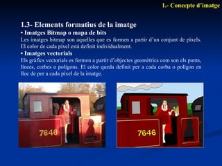 1.3- Elements formatius de la imatge •  Imatges Bitmap o mapa de bits Les imatges bitmap son aquelles que es formen a partir d’un conjunt de píxels. El color de cada píxel està definit individualment.  •  Imatges vectorials Els gràfics vectorials es formen a partir d’objectes geomètrics com son els punts, línees, corbes o polígons. El color queda definit per a cada corba o polígon en lloc de per a cada píxel de la imatge. 1.- Concepte d’imatge 