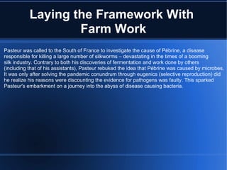 Laying the Framework With  Farm Work Pasteur was called to the South of France to investigate the cause of Pébrine, a disease responsible for killing a large number of silkworms – devastating in the times of a booming silk industry. Contrary to both his discoveries of fermentation and work done by others (including that of his assistants), Pasteur rebuked the idea that Pébrine was caused by microbes. It was only after solving the pandemic conundrum through eugenics (selective reproduction) did he realize his reasons were discounting the evidence for pathogens was faulty. This sparked Pasteur's embarkment on a journey into the abyss of disease causing bacteria. 