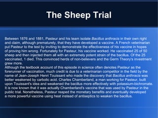 The Sheep Trial Between 1876 and 1881, Pasteur and his team isolate  Bacillus anthracis  in their own right and claim, although prematurely, that they have developed a vaccine. A French veterinarian put Pasteur to the test by inviting to demonstrate the effectiveness of his vaccine in hopes of proving him wrong. Fortunately for Pasteur, his vaccine worked. He vaccinated 25 of 50 sheep and then injected them all with an extremely potent strain of the bacillus. Of the 25 vaccinated, 1 died. This convinced herds of non-believers and the Germ Theory's investment grew more. Although the textbook account of this episode in science often denotes Pasteur as the forerunner of vaccination, much credit is due to a veterinarian competitor in the field by the name of Jean-Joseph Henri Touissant who made the discovery that  Bacillus anthracis  was better weakened by carbolic acid. Charles Chamberland, a man working for Pasteur, built upon Touissant's idea and weakened the bacillus more effectively with potassium-bichromate. It is now known that it was actually Chamberland's vaccine that was used by Pasteur in the public trial. Nonetheless, Pasteur reaped the monetary benefits and eventually developed a more powerful vaccine using heat instead of antiseptics to weaken the bacillus. 