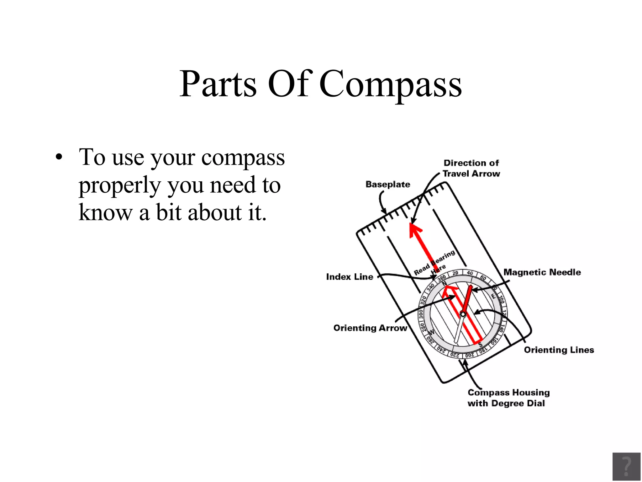 Parts Of Compass To use your compass properly you need to know a bit about it. 