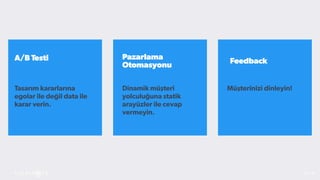 23 / 52
Tasarım kararlarına
egolar ile değil data ile
karar verin.
A/B Testi
Dinamik müşteri
yolculuğuna statik
arayüzler ile cevap
vermeyin.
Pazarlama
Otomasyonu
Feedback
Müşterinizi dinleyin!
 