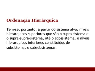 Ordenação Hierárquica Tem-se, portanto, a partir do sistema alvo, níveis hierárquicos superiores que são o supra sistema e o supra-supra-sistema, até o ecossistema, e níveis hierárquicos inferiores constituídos de subsistemas e subsubsistemas.   