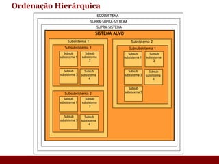 Ordenação Hierárquica ECOSSISTEMA   SUPRA-SUPRA-SISTEMA SUPRA-SISTEMA SISTEMA ALVO Subsistema 2 Subsistema 1 Subsubsistema 1 Subsub subsistema 1 Subsub subsistema  2 Subsub subsistema 3 Subsubsistema 2 Subsub subsistema 1 Subsub subsistema  2 Subsub subsistema  4 Subsub subsistema 3 Subsubsistema 1 Subsub subsistema 1 Subsub subsistema  2 Subsub subsistema 5 Subsub subsistema  4 Subsub subsistema 3 Subsub subsistema  4 