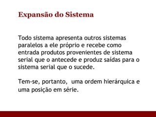 Expansão do Sistema Todo sistema apresenta outros sistemas paralelos a ele próprio e recebe como entrada produtos provenientes de sistema serial que o antecede e produz saídas para o sistema serial que o sucede. Tem-se, portanto,  uma ordem hierárquica e uma posição em série.   