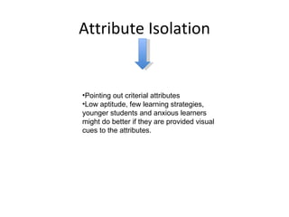 Attribute Isolation Pointing out criterial attributes Low aptitude, few learning strategies, younger students and anxious learners might do better if they are provided visual cues to the attributes.  
