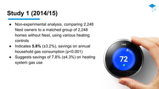 Study 1 (2014/15)
● Non-experimental analysis, comparing 2,248
Nest owners to a matched group of 2,248
homes without Nest,...