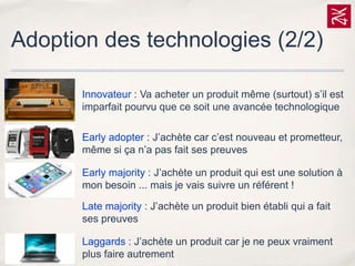 Adoption des technologies (2/2)
Innovateur : Va acheter un produit même (surtout) s’il est
imparfait pourvu que ce soit une avancée technologique
Early adopter : J’achète car c’est nouveau et prometteur,
même si ça n’a pas fait ses preuves
Early majority : J’achète un produit qui est une solution à
mon besoin ... mais je vais suivre un référent !
Late majority : J’achète un produit bien établi qui a fait
ses preuves
Laggards : J’achète un produit car je ne peux vraiment
plus faire autrement

 