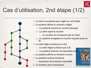 Cas d’utilisation, 2nd étape (1/2)
1. Le client se présente pour régler sa nuit d’hôtel
2. Le système affiche le montant à régler
1. Le système imprime le voucher pré-payé
2. Le client signe le voucher

1. Le voucher ne correspond pas au client
3. Le système enregistre le voucher acquitté (suite en
6)
3. Le client règle sa facture en cash

1. Le client règle sa facture par C.B.
2. Le système imprime une facturette (suite en 5)
4. La système affiche le montant à rendre
5. Le système imprime la facture
1. Impression de la facture impossible
6. Le système clos la transaction

 