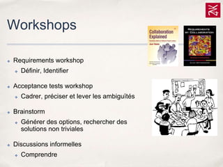 Workshops
✤

Requirements workshop
✤

✤

Acceptance tests workshop
✤

✤

Cadrer, préciser et lever les ambiguïtés

Brainstorm
✤

✤

Définir, Identifier

Générer des options, rechercher des
solutions non triviales

Discussions informelles
✤

Comprendre

 