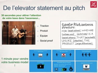30 secondes pour attirer l’attention
de votre boss dans l’ascenseur...
1 minute pour vendre
votre business model
!
De l’elevator statement au pitch
✤ Traction
✤ Produit
✤ Equipe
✤ Social proof
 