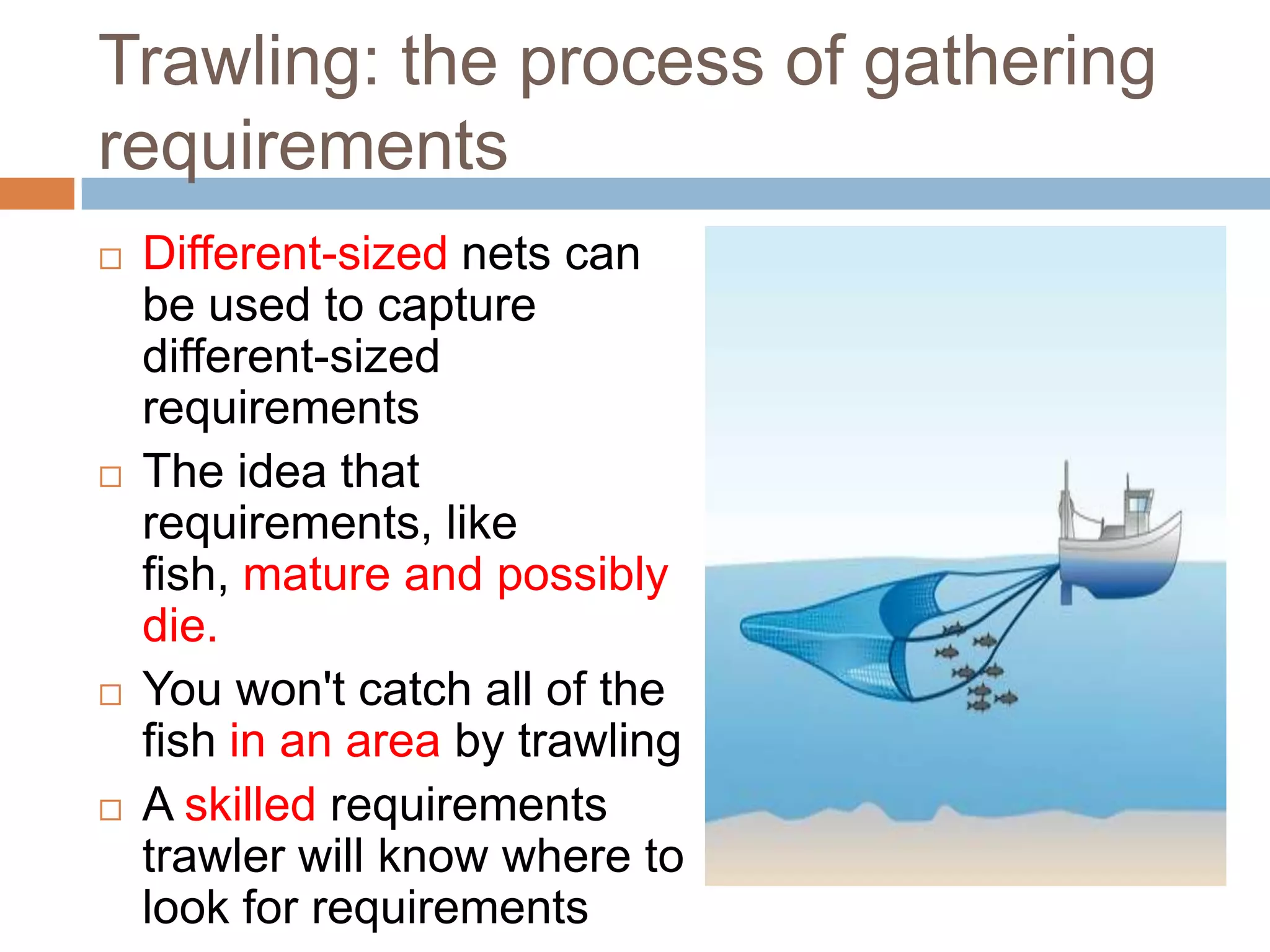 Trawling: the process of gathering
requirements
   Different-sized nets can
    be used to capture
    different-sized
    requirements
   The idea that
    requirements, like
    fish, mature and possibly
    die.
   You won't catch all of the
    fish in an area by trawling
   A skilled requirements
    trawler will know where to
    look for requirements
 