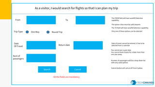 From
Date
Of Travel
Num of
passengers
Search Cancel
The FROM field will have autofill/Selection
capability.
The option cities must be valid airports
Only one of these options can be selected
You cannot put a past date.
You cannot book tickets for a date more than
one year away.
As a visitor, I would search for flights so that I can plan my trip
To
Trip Type One Way Round Trip
The TO field will have autofill/Selection capability.
Date of travel cannot be entered, it has to be
selected from a calendar
Number of passengers will be a drop down list
with only valid options
All the fields are mandatory
Return date
Submit button will call an API from Galileo
 