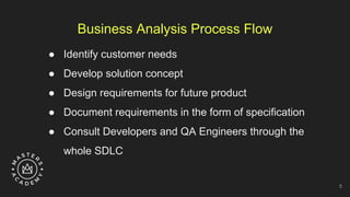 Business Analysis Process Flow
● Identify customer needs
● Develop solution concept
● Design requirements for future product
● Document requirements in the form of specification
● Consult Developers and QA Engineers through the
whole SDLC
5
 