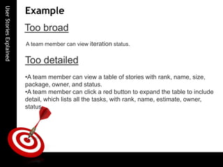 UserStoriesExplained
Example
Too broad
A team member can view iteration status.
Too detailed
•A team member can view a table of stories with rank, name, size,
package, owner, and status.
•A team member can click a red button to expand the table to include
detail, which lists all the tasks, with rank, name, estimate, owner,
status.
 