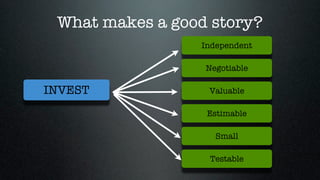 What makes a good story?
                 Independent

                  Negotiable

INVEST            Valuable

                  Estimable

                    Small

                   Testable
 
