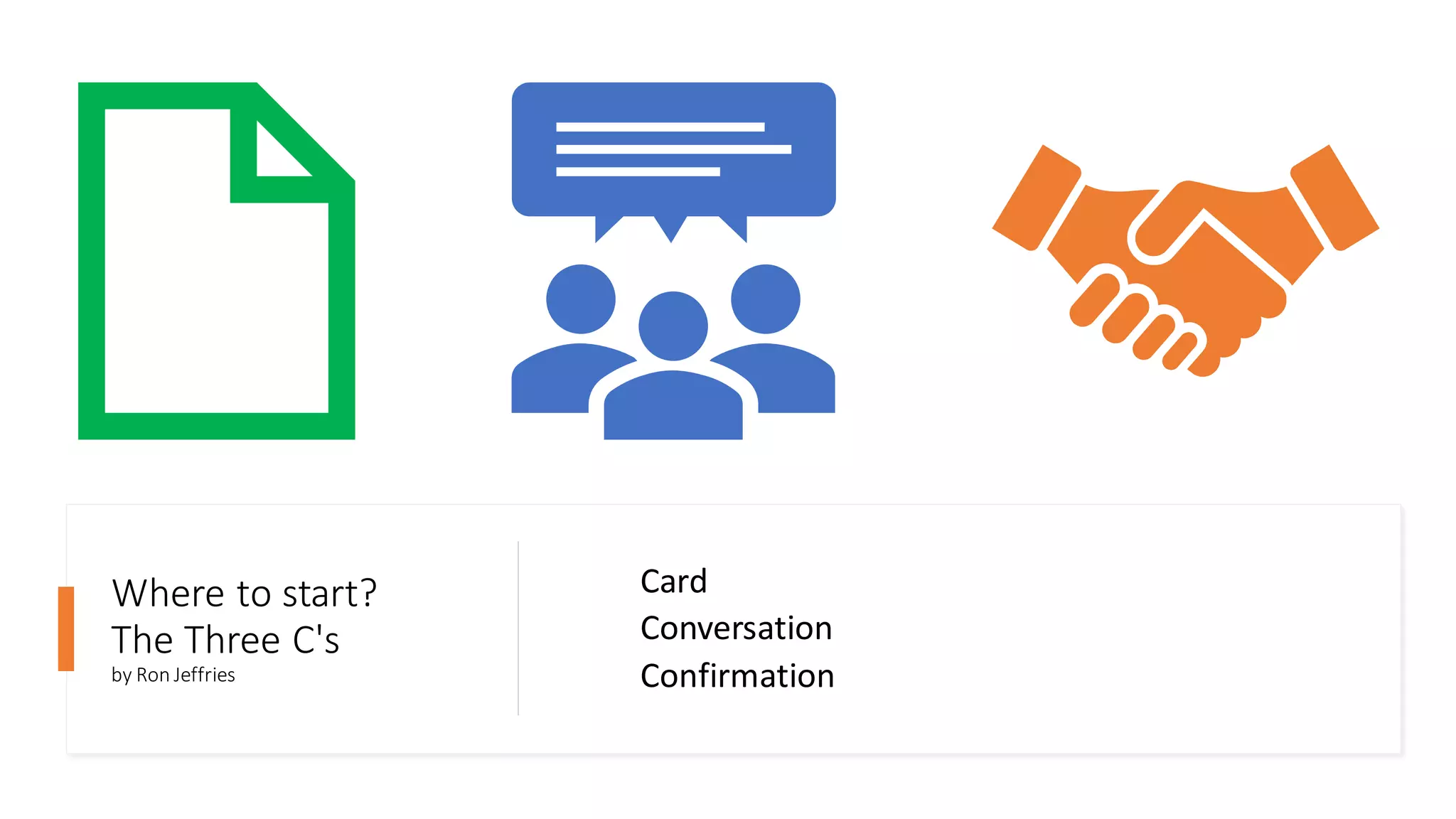 Where to start?
The Three C's
by Ron Jeffries
Card
Conversation
Confirmation
 