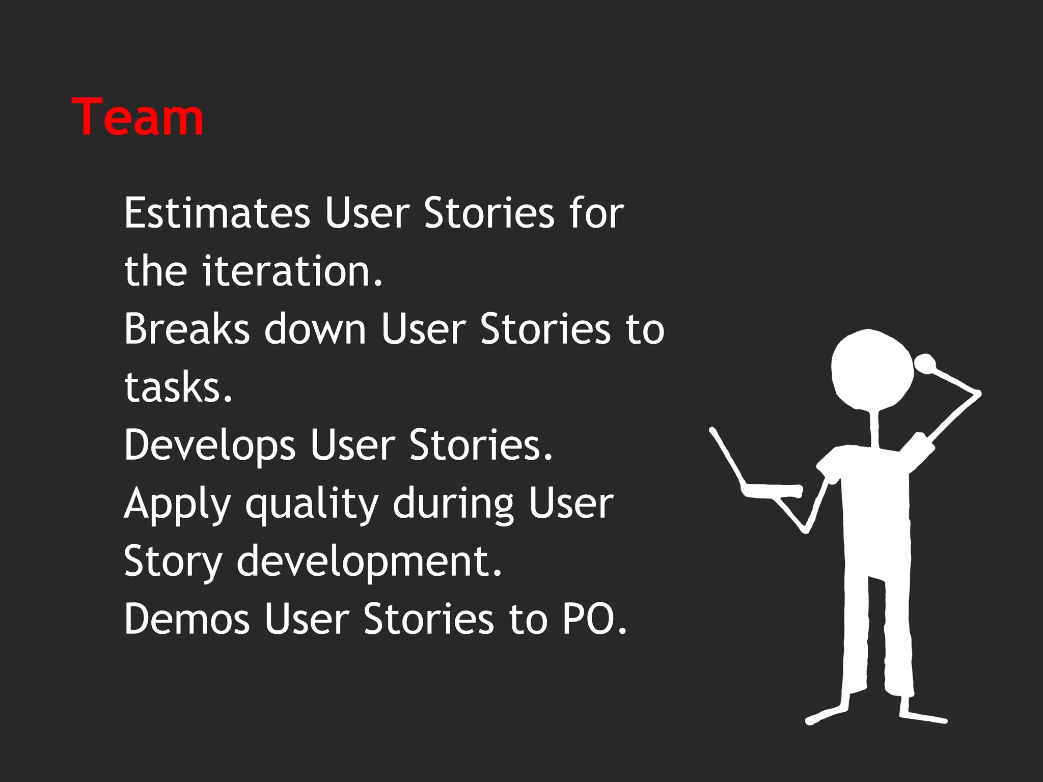 Team
Estimates User Stories for
the iteration.
Breaks down User Stories to
tasks.
Develops User Stories.
Apply quality during User
Story development.
Demos User Stories to PO.
 