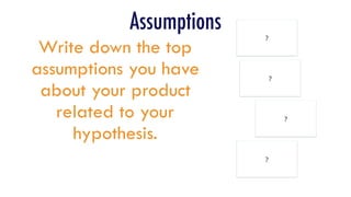 Write down the top
assumptions you have
about your product
related to your
hypothesis.
?
?
?
?
Assumptions
 